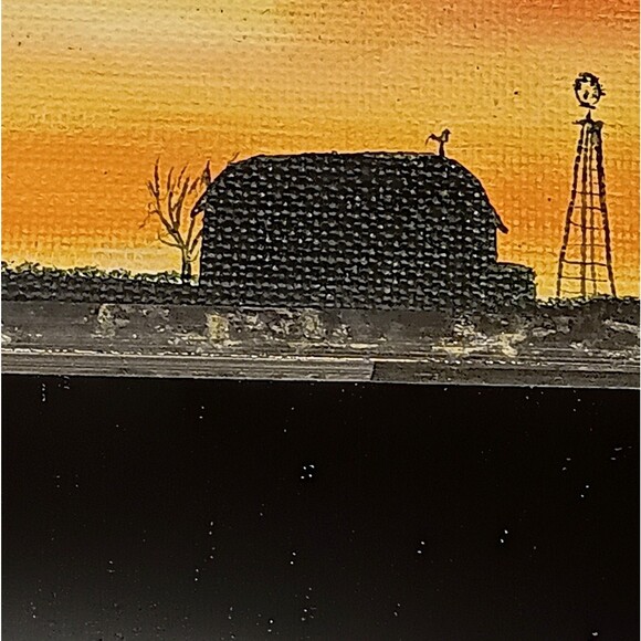 Vintage Small Painting W/ Mirror Barn Windmill Landscape Sunset Framed Rustic - Picture 9 of 12